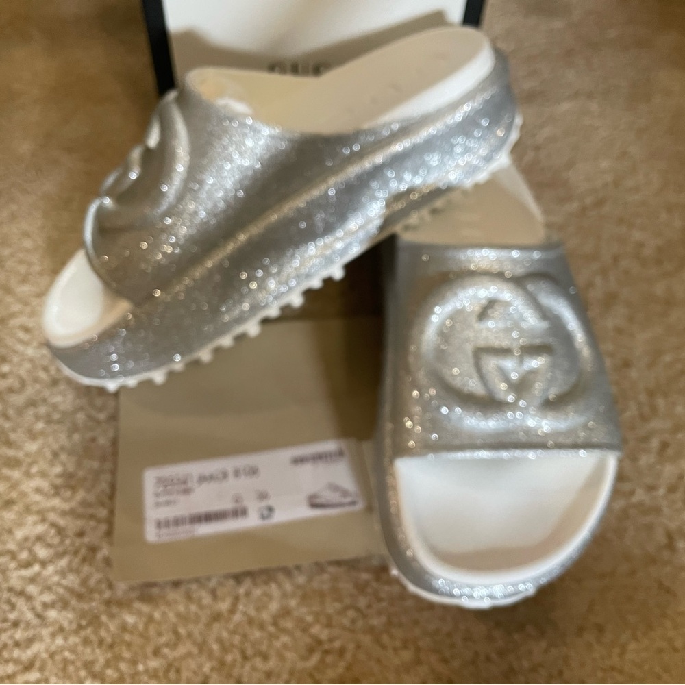 NWT! GUCCI silver glitter interlocking GG logo platform slide - 6 - Picture 11 of 14